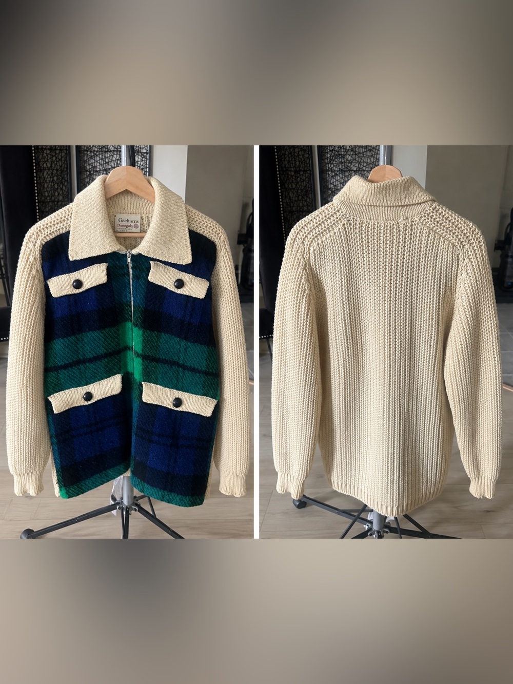 VTG Gaeltarra Donegals Irish Wool Plaid Knit Zip Jacket Sz 38 Made Ireland